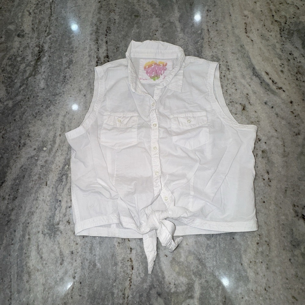 Derek Heart Women's Large White Cotton Tie Front Top Y2K Beach Resort Cropped